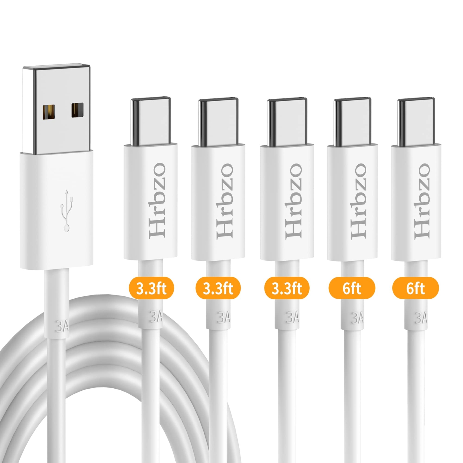 5-Pack USB A to C Fast Charging Cables 3.3ft & 6ft Lengths-image