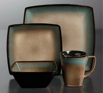 Dinnerware Set Stoneware Blue Brown Kitchen 16 Piece Dish Square Dinner Plate