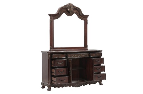 BEAUTIFUL 4 PC BURL INLAY FOUR POSTER KING BED NS DRESSER MIRROR FURNITURE SET - Picture 4 of 14