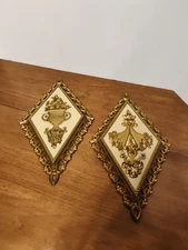 2 Vintage MCM Homco Syroco Gold Filigree Diamond Shape Wall Decor Plaques 14”