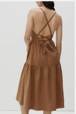 Everlane The Pinafore Khaki Dress Cotton Stretch Tiered Brown Size 4 Pockets EUC