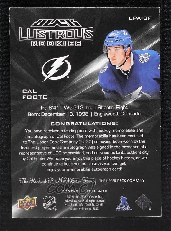 2020 SPx UD Black Lustrous Rookies Tier 1 17/125 Cal Foote RPA Rookie Patch Auto - Image 2 of 3