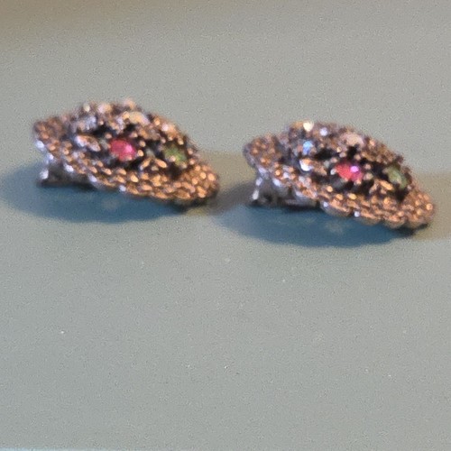Vintage Clip On Earrings Silver-tone Pastel Crystal Rhinestone - Picture 5 of 7