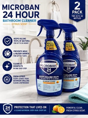 Microban 24 Hour Bathroom Cleaner Citrus Scent Spray 32oz Bottles 2-Pack NEW