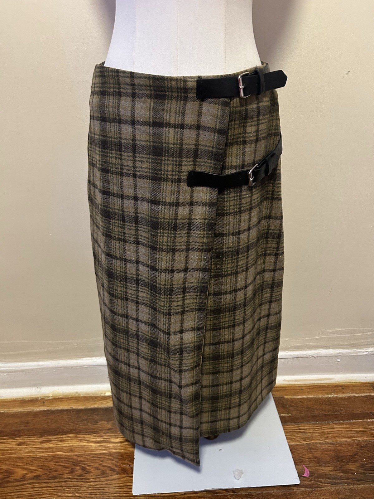 Vintage Green Plaid Kilt Wrap Skirt Womens Medium | Buckle Skirt