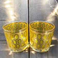 West Virginia Glass Madrid Gold Embossed Hexagon Old Fashioned Glasses Cup Set2