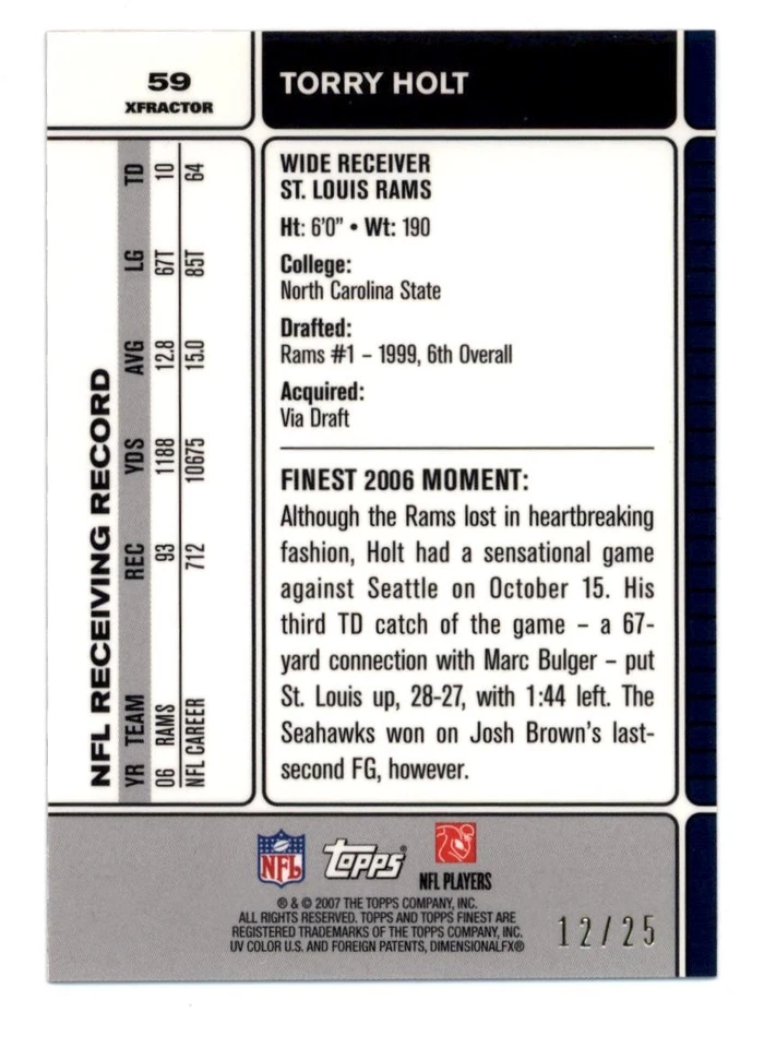 2007 Topps Finest Red X-fractors #59 Torry Holt 12/25 Rams - NM-MT - Image 2 of 2