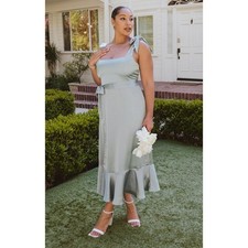 Show Me Your Mumu Claire Midi Dress in Silver Sage Luxe Satin L NWT