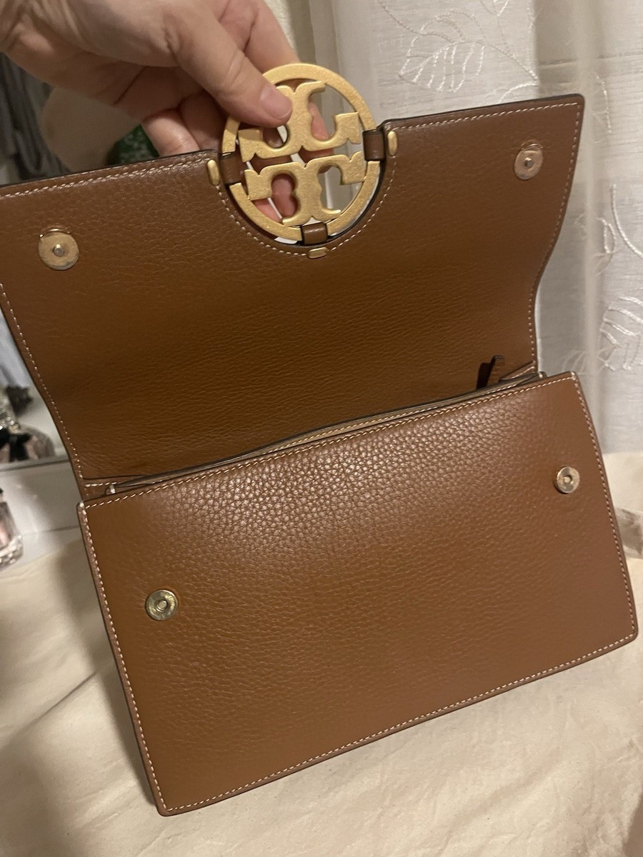 Tory Burch Miller In Brown/tan Pebbled Leather Shoulder Flap Bag