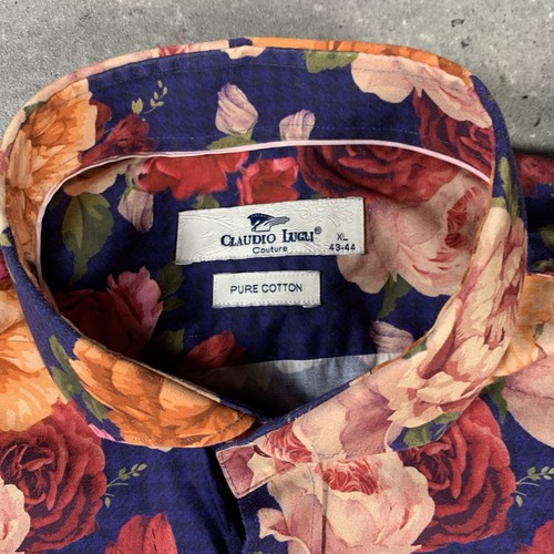Claudio Lugli Shirt Mens Extra Large Blue Couture Houndstooth Floral Print 43-44 - Picture 3 of 10