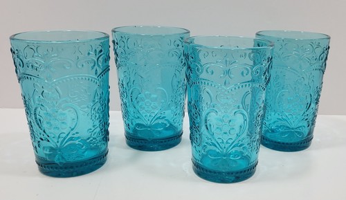 The Pioneer Woman Amelia 5 3/8" Teal Glass Tumblers Embossed Design - Set of 4