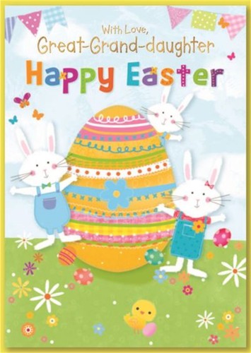 Great Granddaughter Easter Card - Bunnies with Giant Decorated Egg Gold Foil 7x5 - Picture 1 of 2