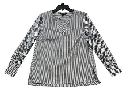 Ming Wang Womens Striped Popover Blouse Black White V-Neck Snap Cuff XS X-Small