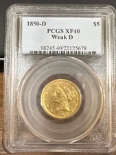 1850-D Liberty Head $5 Gold Half Eagle PCGS XF40 – Weak D Mintmark – Scarce Dahl