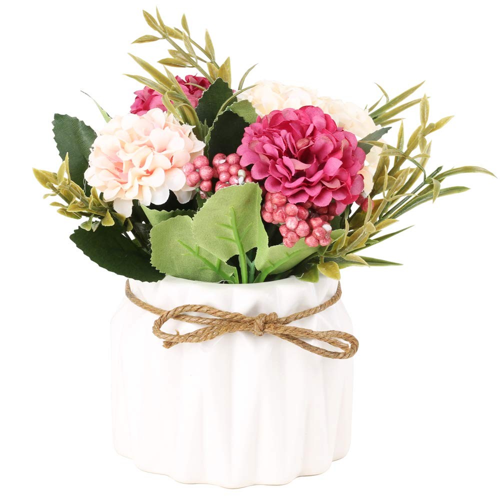 SUPNIU Artificial Hydrangea Silk Flower Bouquet with Small Ceramic Vase