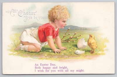 Ostergrüße - Kind und Küken mit gesprungenem Ei, Prägekarte 1910er Jahre