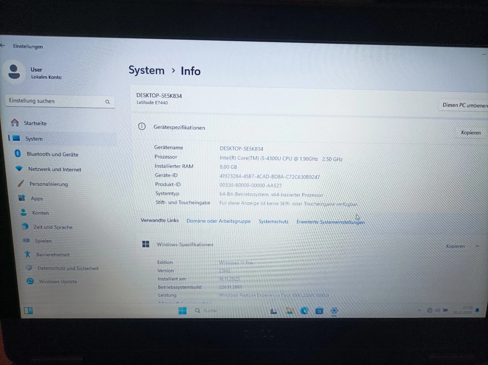 Dell Latitude Notebook E7440 i5 4300U 2,1GHz, 8GB, 128GB SSD, 14" Win 11 Pro N48 - Bild 2 von 4