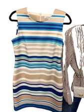 Calvin Klein Dress Womens 10 Multicolor Striped Scuba Sheath Crew Neck Back Zip