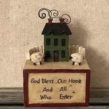 Suzi Skoglund Primitive Sheep & Saltbox House GOD BLESS OUR HOME & ALL ENTER