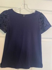 Ann Taylor Navy Blue Knit Pullover Top. Beautiful Detailed Sleeves  X-Small