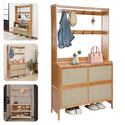 4in1 Coat Rack Closet Garment Shoe Organizer Clothes Hanger Storage Bench Shelf