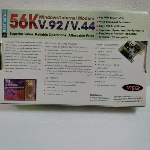 Vtg Best data windows internal modem 56K v.92/v.44 PCI Windows 98 ME 2000 XP - Picture 2 of 2