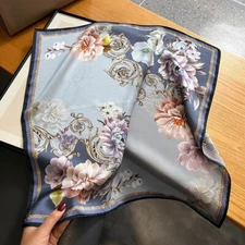 100% Silk Scarf Women Vintage Blue Flower Kerchief Small Square Bandana 53*53cm