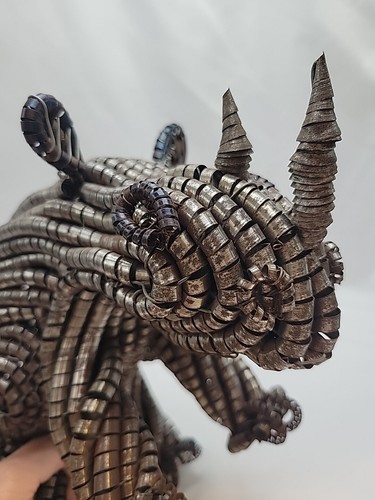 Handmade Lathe Rhino Figurine Recycled Metal Shaving Coil Art - Picture 6 of 15