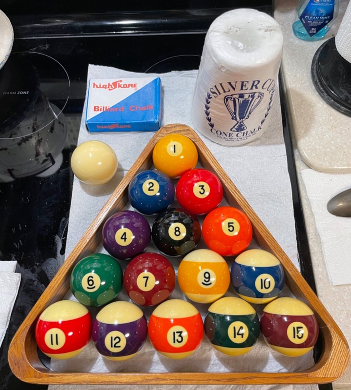 CLEANED & POLISHED ARAMITH “PREMIER” POOL BALLS W/8&9 BALL RACK/POWDER/12 CHALK