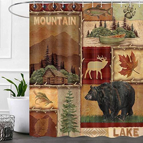 Rustic Bear Shower Curtains Set, Lake Country Lodge Cabin Moose Fabric RV - Picture 1 of 7