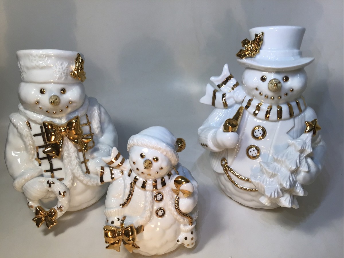 Traditions Porcelain Snowman Family Hand Painted 3 Piece Set With