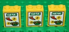 3 x Lego Yellow Brick with  'MENU', '2', '3', ref 3245cpb052 set 60150 Pizza Van