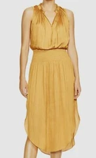 $375 Halston Heritage Women's Gold Sleeveless Smocked V-Neck Midi Dress Size L