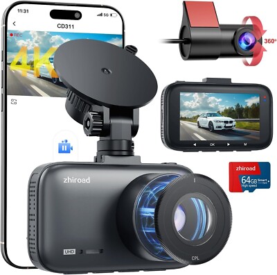 zhiroad 4K Dashcam vorne und hinten mit CPL Filter, 2 Kanal Dash Camera