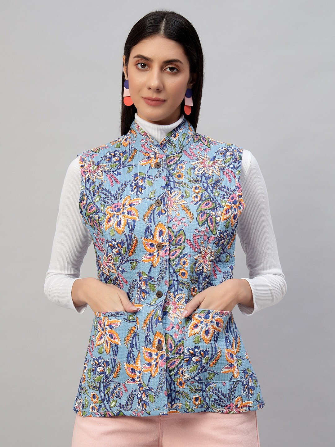 Mujer Botón Acolchado Reversible Chaleco de Algodón Estampado Ligero Cuello Alto