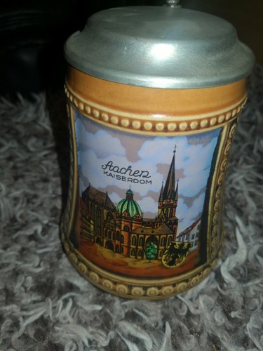 Alter Bierkrug mit Zinndeckel mit Bild von Aacherz kaiserdom ca 80 jahren - Bild 2 von 8