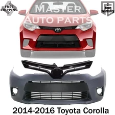 Front Bumper Primed Cover + Upper + Lower Grille For 2014-2016 Toyota Corolla
