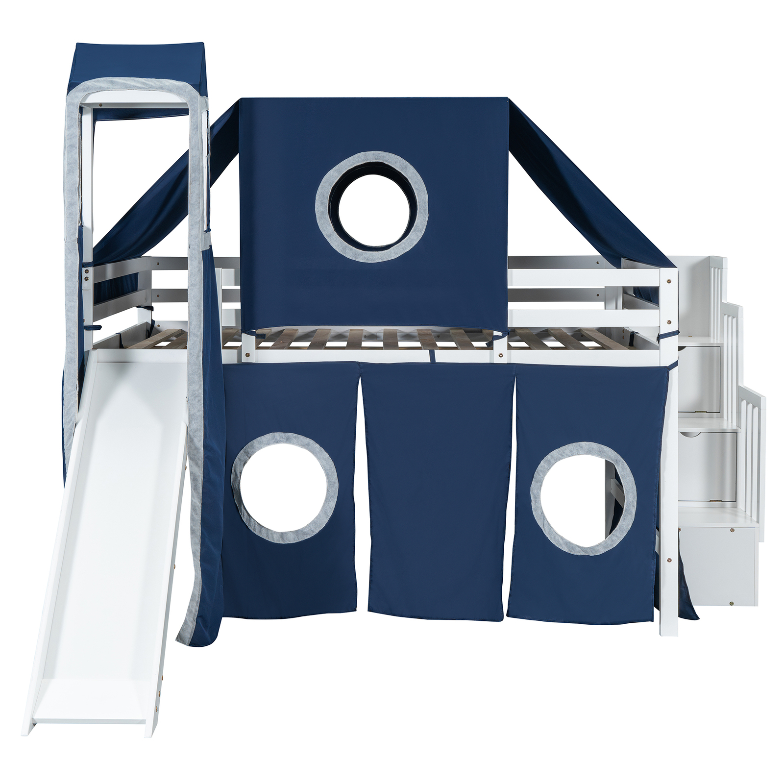 Full Size Loft Bed Frame with Tent Slide and Staircase For Kids Boys Blue