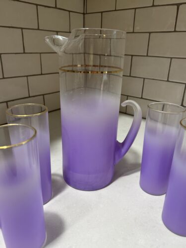 MCM Blendo Purple Orchid Ombre Pitcher & Ice Tea Set of 6 Glasses VINTAGE - Picture 9 of 12