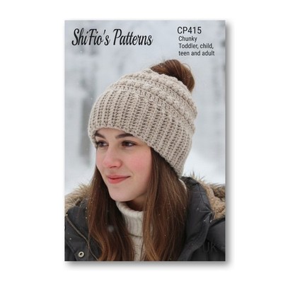 Häkelanleitung für Bommelmütze, Messy Bun Mütze Muster, Chunky, 4 Größen CP415