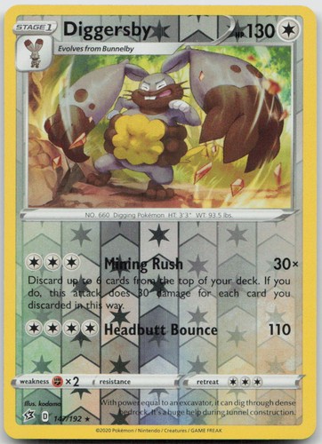 Diggersby 147/192 Rare Rebel Clash Pokemon Reverse Holo Lightly Played