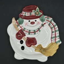 Fitz and Floyd Plaid Christmas Snowman Tray Dish Plate 9 X 8.5 Inch Ceramic