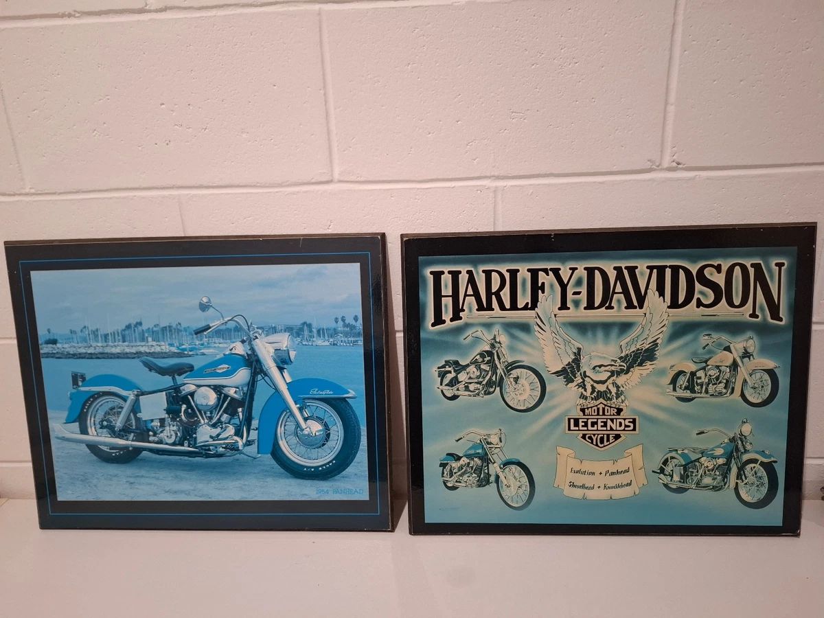 Retro Harley Davidson Wood Mounted Prints x 2 - Wall Art - 51cm x 41cm