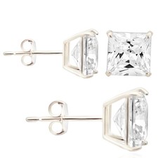 14K White Gold Square Solitaire Cubic Zirconia Push Back Ear Stud Earrings