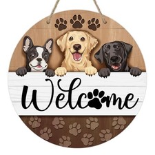 Welcomes Front Door Sign, Paw Prints Wood Door Hanger Outdoor Outside Dog