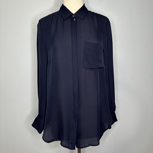 J. Crew Dark Navy Blue Chest Pocket 100% Silk Buttoned Shirt Blouse 12P BNWT! - Picture 1 of 11