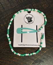 Beaded Hair Clip Green  Cream Glass Beads Hippie Beads