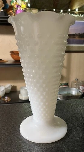 Vintage Anchor Hocking White Milk Glass Hobnail Footed Trumpet Vase