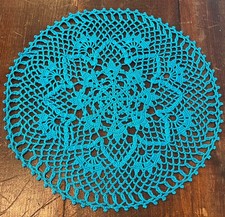 Peacock Blue Whimsical Cottagecore Round Handmade Crochet Doily 13" Beach Teal