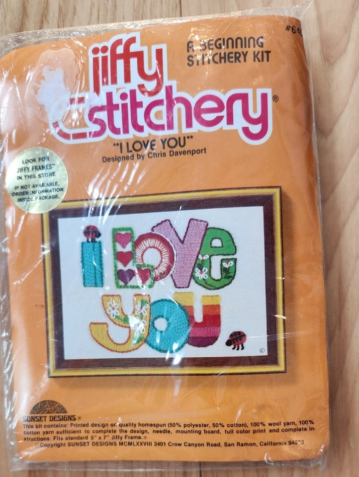 NUEVO Kit Crewel Vintage Años 70 Chris Davenport Jiffy Stitchery "Te Amo" Foto 3 de 4